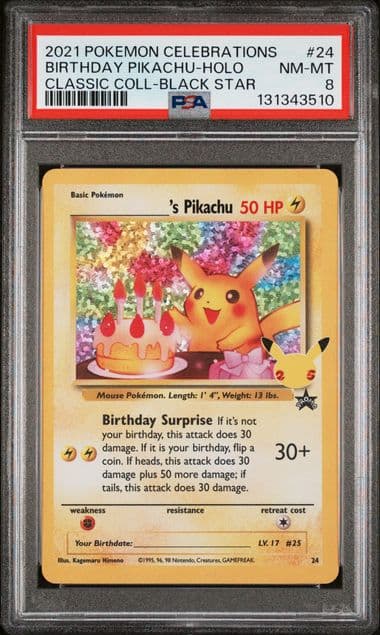 Slab real do cofre: Birthday Pikachu Holo, Celebrations, PSA 8